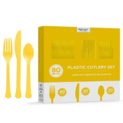Sunshine Yellow Heavy-Duty Plastic Cutlery Set For 20 Guests, 80ct
