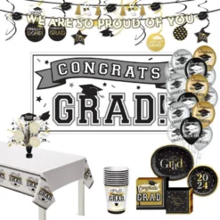 Black, Silver & Gold Celebrate The Grad Party Kit For 20 Guests
