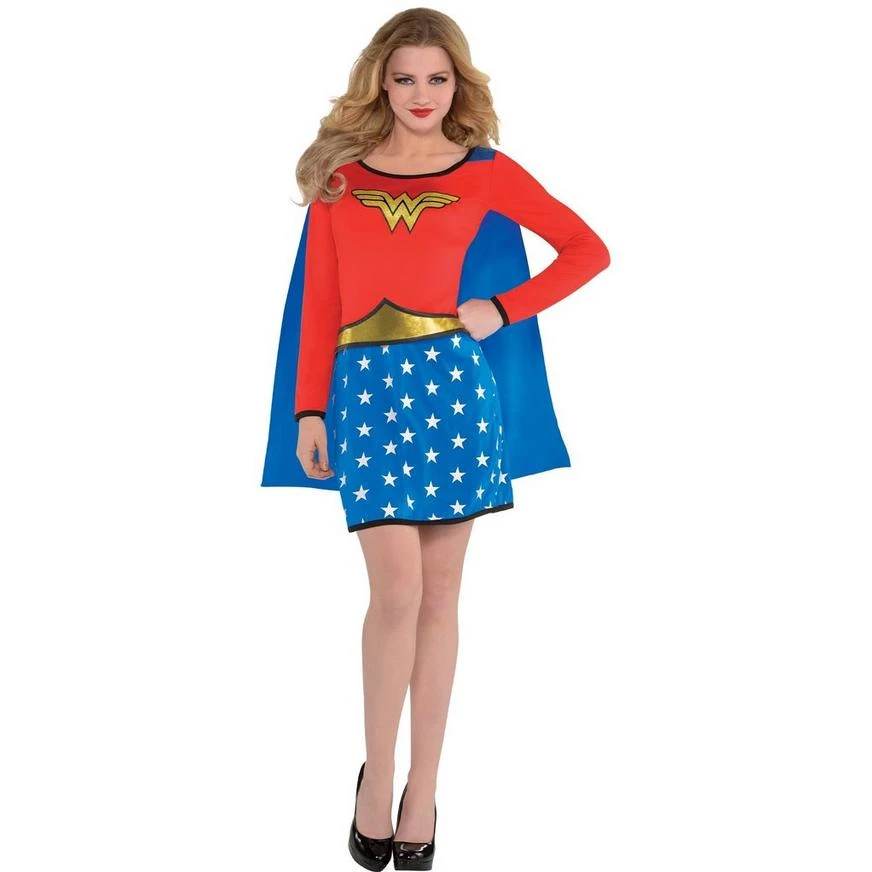 Adult Long-Sleeve Wonder Woman Dress With Cape 1 Adult Long-Sleeve Wonder Woman Dress With Cape